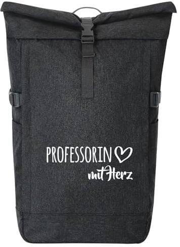 Huuraa Kurierrucksack Professorin mit Herz 30-44 Liter Black Melange Fairtrade Rolltop Rucksack Geschenkidee