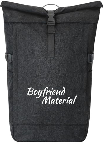Huuraa Kurierrucksack Boyfriend Material Schriftzug 30-44 Liter Black Melange Fairtrade Rolltop Rucksack Geschenkidee