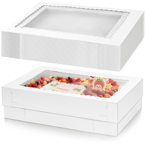 Jowgut 20 Pieces 14x10x4 Inch Cake Boxes, White Rectangle Quarter Sheet Bakery Boxes with Window, Large Paperboard Container for Donuts Cookies Baking Cake Pastry Pie Packaging