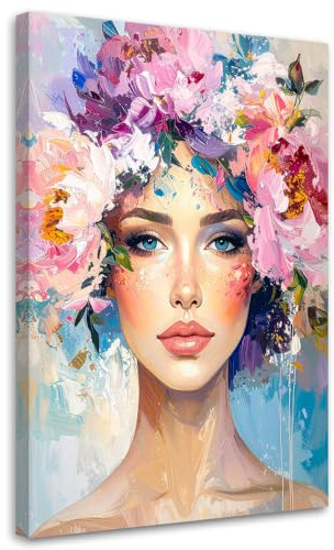 Feeby Leinwand Bilder - Bild Wohnzimmer - Frau mit Blumen auf dem Kopf - 70x100 1tlg - Deko Schlafzimmer Groß - Dekoration Canvas - Gemälde - Modern Wandbilder - Kunstdruck