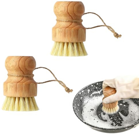 YSTrillion Bamboo Dish Brush Set,2 PCS Bamboo Palm Brush,Wooden Washing Up Brushes for Kitchen with Natural Bristles for Cleaning Pots,Pans,Sink,Vegetables
