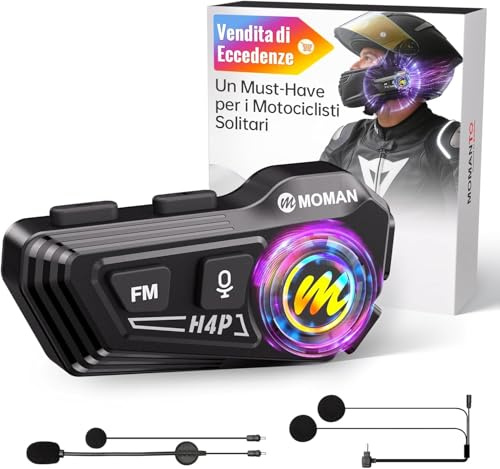 Moman Motorrad Helm Headset H4P Motorradhelm Kopfhörer BT5.1 mit Hi-Fi LautsprechernDoppelte Geräuschreduzierung RGB/FM/Freisprechen/AI-Sprachsteuerung Kopfhörer für Einzelfahrer (Schwarz-H4P)