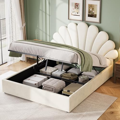 Upholstered Ottoman Bed with Hydraulic Storage, 4ft6 Double Bed Frame with Adjustable Chic Petal Headboard, Velvet Fabric Functional Gas Lift Up Storage Bed with Solid Wood Slats, No Mattress, Beige