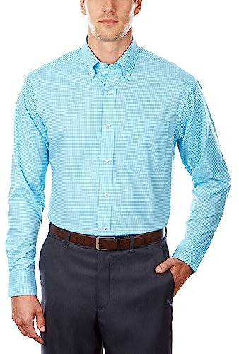 Tommy Hilfiger Men's Big and Tall Non Iron Regular Fit Gingham Buttondown Collar Dress Shirt, Aqua, 18.5 Neck 34-35 Sleeve