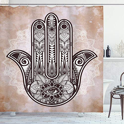 ABAKUHAUS Hamsa Duschvorhang, Mystic Mandala Eastern, Stoffliches Gewebe Badezimmerdekorationsset mit Haken, 175 x 220 cm, Brown und Creme