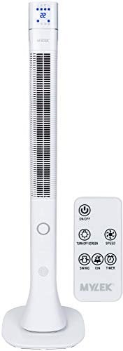 MYLEK Tower Fan 48 Inch Oscillating Bladeless Cooler Air Circulator with Remote Control, Timer and Ioniser, Quiet Bedroom Night Function, 3 Cooling Settings, Temp Display, Home Office White