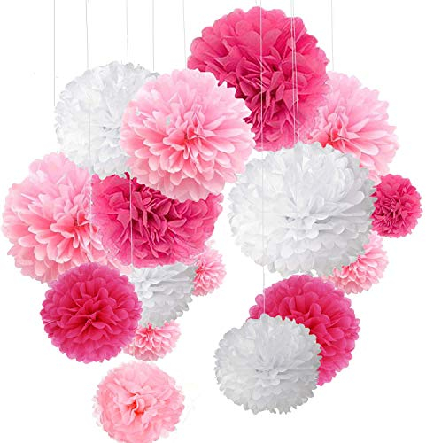 O-Kinee 24er Rosa Deko Seidenpapier Pompons für Hochzeit, Taufe Mädchen, Geburtstag, Party,Kommunion,Valentinstag Muttertag JGA Deko weiß rosa