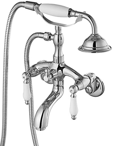 Polish Chrome Clawfoot Tub Faucet Wall Mount Hand Held Shower Bathtub Faucet Set Double Cross Handle with 3-3/8 Inch Center with Adapter Adjustable Swing Arms