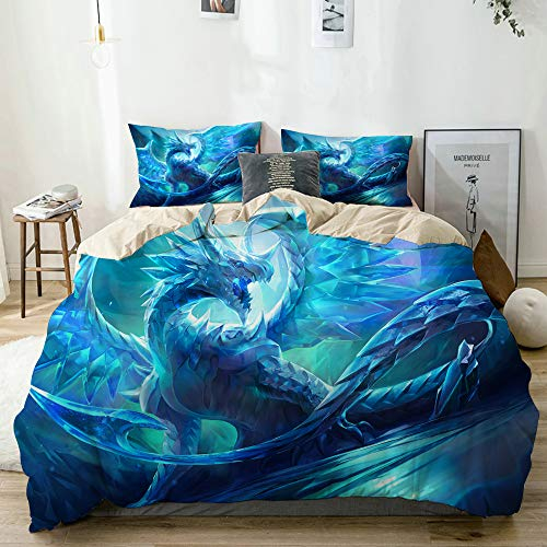 KOSALAER Bettwäsche Set,Cooler Drache,3 Teilig Bettbezüge Mikrofaser Bettbezug 200 x 200cm mit Reißverschluss und 1 Kissenbezug