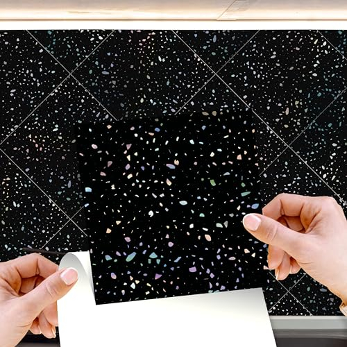 WALPLUS 72 Stück 15x15cm Terrazzo Holografischer Glitter Schwarz Black Aluminium Folie Wandfliesen Aufkleber Abziehen und Kleben Backsplash Abziehbilder Startseite Dekore Aufkantung für Küche