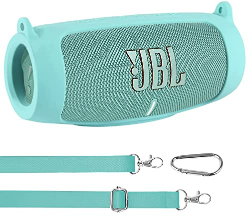 co2CREA Case Silicone for JBL Charge 5 Portable Bluetooth Speaker, Portable Ultra-light Protective Sleeve with Carabiner and Shoulder Strap (Speaker and Accessories not Included) (Teal)