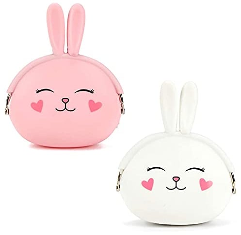 Yuemuop 2 Pièces Porte-Monnaie Enfant Lapin, Porte-Monnaie en Silicone Dessin Animé, Mini Portefeuille en Silicone pour Cadeau d'anniversaire de Fête pour Filles (Rose, Blanc)