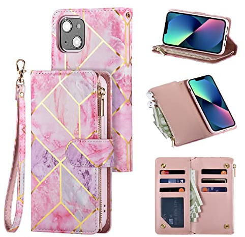 UEEBAI Wallet Case for iPhone 13 6.1, Premium Vintage PU Leather Magnetic Handbag Zipper Pocket Case Kickstand Card Slots with Wrist Strap TPU Shockproof Flip Cover - Pink&Purple