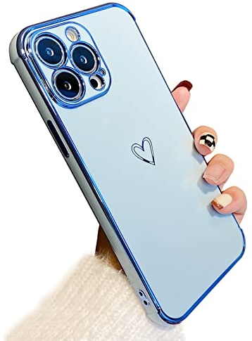 ZTOFERA Compatible with iPhone 13 Pro Max (6.7) Case for Girls Women, Flexible Silicone Phone Case with Cute Heart Pattern Golden Edging Shockproof Protective Bumper Cover, Sierra Blue