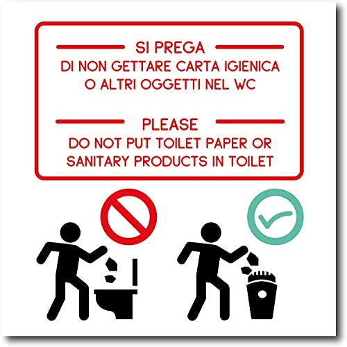 NEW CARTELLO SEGNALETICO - vietato gettare carta nel wc - Adesivo Extra Resistente, Pannello in Forex, Pannello In Alluminio (ADESIVO 20X31 CM)