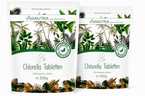 VivaNutria Bio Chlorella Tabletten 1000g | 5000 Presslinge | 100% reine Bio Algen-Tabletten ohne Zusätze | 6-Monats-Packung | hochdosiert | biozertifiziert | Zip-Beutel | vegan