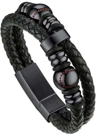 Bandmax 21cm Schwarzes Flechtarmband Lederarmband für Männer Manschette Armkette mit Magnetverschluss Geflochtene Armbänder aus Mikrofaser-Leder Armreif mit Baseball Schmuckzubehör Accessoire