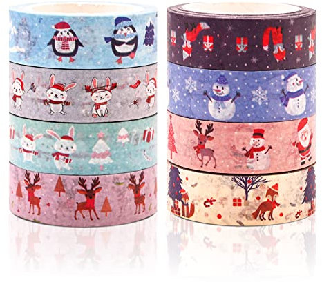 8 Rollen Weihnachten Washi Tape Set Weihnachten Dekoratives Klebeband Weihnachtsmann Schneemann Schneeflocke Tiere Washi Klebeband Weihnachts Papier Masking Tape für Kunst DIY Scrapbook Dekoration (A)