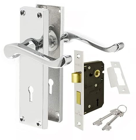 HANDLESTORE Victorian Scroll Locking Lever Backplate Door Handle - Pair of Handles with Sash Lock - Four Colours (Polished Chrome)