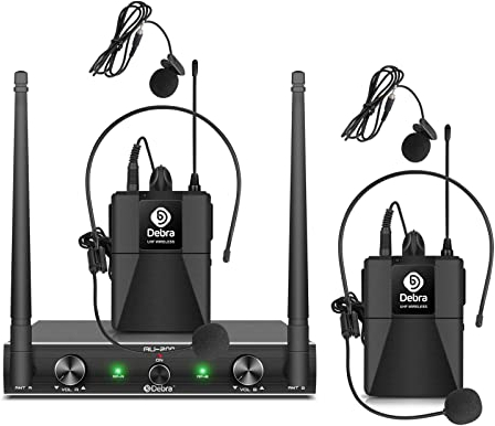 Wireless Microphone,Debra AU200 UHF Funkmikrofonen System mit Bodypack Transmitter/Headset Funkmikrofon/Lavalier Ansteckmikrofonen für Gesang, Karaoke(2 Bodypack)
