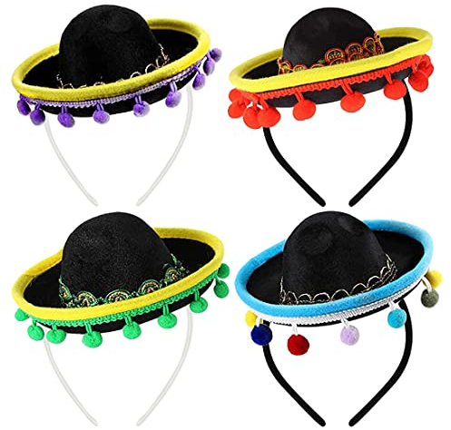 4 Pieces Mini Mexican Sombrero Hats, Cinco De Mayo Fiesta Party Costume, Straw Sombrero Headbands, Mini Fun Fiesta Straw Hat, for Fiesta Carnival Summer Mexican Theme Party Party Favors (Black)