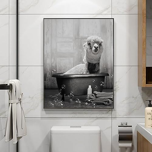 UGZDEA Tier in der Badewanne Leinwand Bilder, Schwarz Weiß Bär Elefant Kuh Alpaka Badezimmer Poster Home Decor-ohne Rahmen(E,30x40cm)