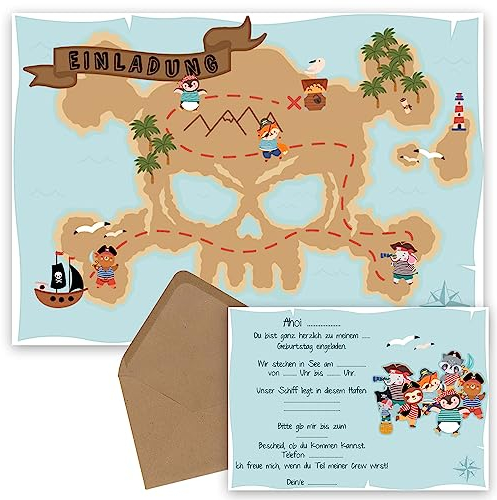 OWLBOOK Einladung Piraten Schatzkarte 10 Einladungskarten Pirat Piraten Kindergeburtstag Kinder - Piraten Party Einladung - Piratenparty Kindergeburtstag Geburtstag Geburtstagseinladung zum Ausfüllen