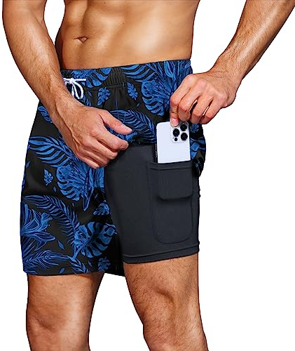 HMIYA Badehose Herren 2 in 1 Badeshorts Schwimmhose Schnelltrocknend Kurz Boardshorts mit Kompression und Reißverschlusstaschen(Palmblatt Blau L)