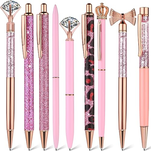 TIESOME 9Pcs Cute Ballpoint Pens Set, lila Fancy Stifte Bling Glitter Metall Stift für Journaling mit schwarzer Tinte einziehbare Stifte Geschenk für Frauen Mädchen Brautjungfer Hochzeit (Rosa)