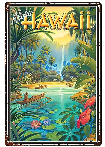 Hawaiianisches Reiseposter, Vintage-Blechschild, Hawaii-Surfen, Wandkunst, natürliche Landschaft von Hawaii, Hausgruppe, Veranda, Metallschilder, Heimdekoration, 20 x 30 cm