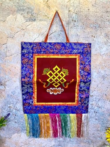 Tibetischer endloser Knoten-Wandbehang, handgefertigt, Brokat-Seide und Baumwolle, authentisches Meditationsdekor, spirituelles Symbol, 17 x 41 cm