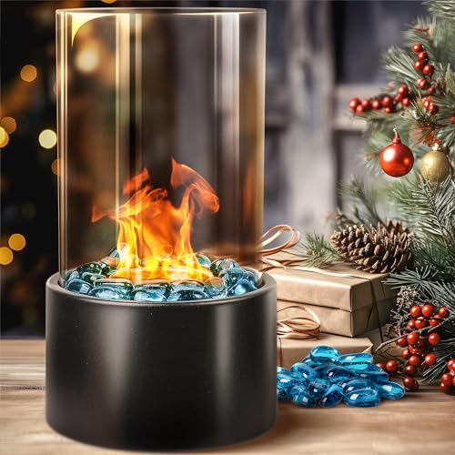 Eufrozy Tischkamin Outdoor, Ethanol Kamin Outdoor Indoor mit Winddichtem Glasabdeckung, Rauchfrei Tragbare Bioethanol Tischfeuer mit Hellblauer Glasstein 2h Brenndauer für Balkon Deko Terrasse