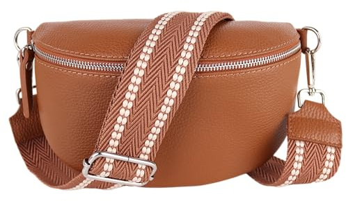 MIRROSI® Bauchtasche Damen, Echtleder, Made in Italy, Umhängetasche, Brusttasche, Crossbody Bag (1 Tasche & 2 Gurte) (Braun (Streifen Braun Weiss), Mittelgroße Tasche (25x16x7cm))
