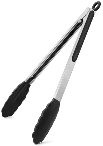 WISYOK Pince Cuisine 30cm, Pince Cuisine Inox avec Embouts en Silicone, Pince Alimentaire Cuisine, Pince de Cuisine Résistant à la Chaleur pour la Cuisson, le Barbecue - Noir