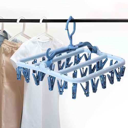 Tendedero de calcetín, tendedero de ropa para colgar con 32 pinzas, tendedero, secadora plegable, secadora de ropa interior para calcetines, ropa interior, zapatos, guantes, sombreros (azul)