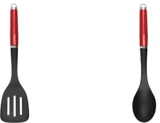 KitchenAid Pfannenwender, Schlitzwender, Hitzeresistent, Antihaftbeschichtung – Empire Rot, Large & Kochlöffel, Hitzeresistent, Antihaftbeschichtung, Kochutensil zum Übergießen – Empire Rot, Edelstahl