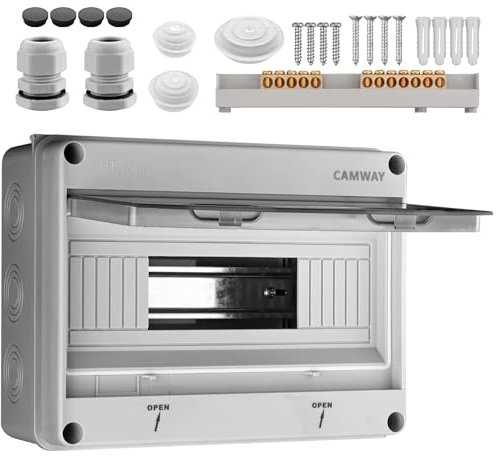 CAMWAY Sicherungskasten Aufputz 1-Reihig 12 Module, Verteilerkasten Aufputz IP65 Waterproof, Verteilerkasten mit umlaufender Dichtung und Messingklemmen,Sicherungskasten für Garten oder Außenbereichen