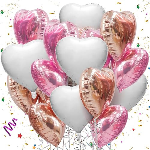 Mbsomnus Herzluftballons 18 Zoll Folienballon 15 Stück Helium Ballons Hochzeit Herz Luftballon Metallic Rosa Weiß Roségold Große luftballons für Geburtstag Party Valentinstag Verlobung Hochzeit Deko