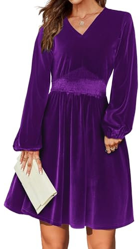 Zeagoo Abito da Cocktail da Donna Abito da Festa con Scollo A V Abito Festivo in Velluto Abito da Sera Elegante Abiti da Sera da Sposa A Maniche Lunghe Viola XS