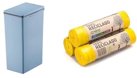 EKO - Morandi Kitchen Bin - Plastic Touch Recycling Bin - Perfect for Kitchen & Home, Titanium Blue, 30 Litre & Relevo 100% Recycled Bin Liners, Heavy Duty 30L, 3 x 15 Bin Bags
