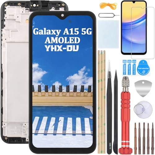 YHX-OU 6.5 AMOELD Display LCD con Telaio per Samsung Galaxy A15 5G SM-A156B SM-A156P SM-A156U LCD Schermo Touch Screen Digitizer Assemblea E Strumenti di Installazione+1 Pezzo Vetro temperato