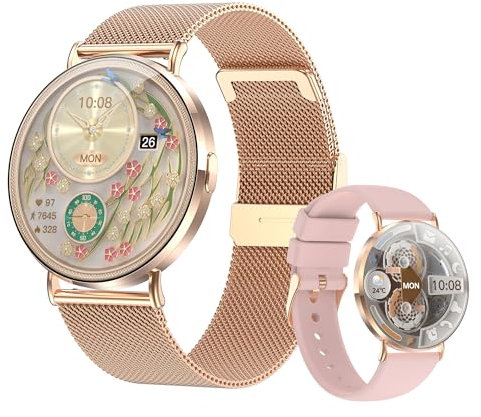 Ultra-Slim Smart Watches for Women(Call/2 Bands/All Metal), 1.32 AMOLED Ultra-Clear Screen Fitness Tracker with SpO2/Heart Rate/Sleep Tracking,Waterproof Smart Watch for iPhone/Samsung/Android