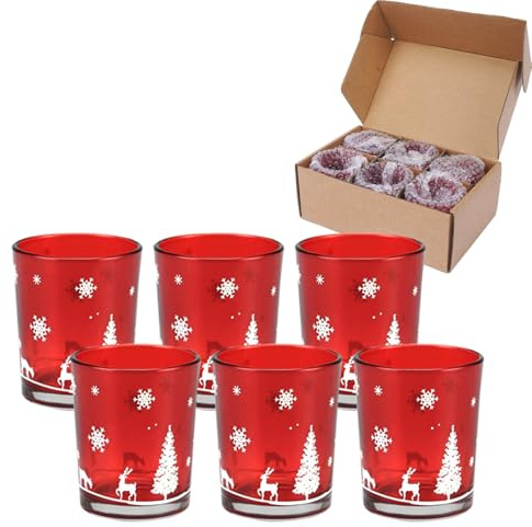HO2NLE 6 Stück Weihnachtskerzenhalter Weihnachten Teelichthalter Rot Weihnachten Glas Kerzenhalter Hirsch Schneeflocke Weihnachtsbaum Kerzenhalter für Tisch Mittelstück Hochzeit Party Heimdekoration