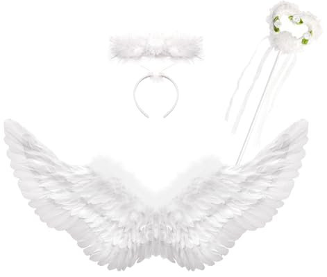 Conjunto de 3 alas de ángel Blanco con halo y Varita mágica, alas de ángel 60CM ángel Diablo Hada Traje de Accesorios para niños de Halloween Carnaval Cosplay Fiesta de Disfraces de Disfraces
