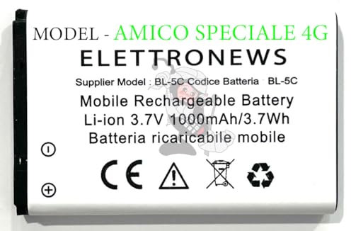 Batteria per Brondi Amico speciale 4G BL-5C, Bianca, 1000 mAh, 3,7V