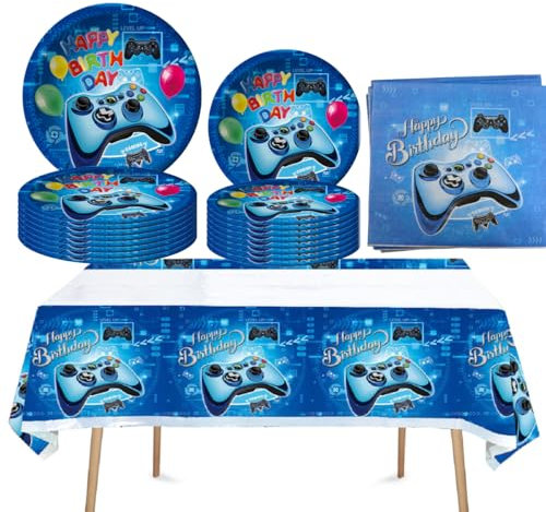 Game On Set de vaisselle de fête, décoration d'anniversaire avec assiette, vaisselle de fête, décoration d'anniversaire d'enfant, décoration de fête (bleu noir)