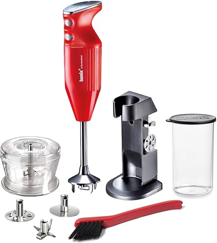 bamix Stabmixer Set M200 Chef's favorite inkl. Ständer, 1 Becher, 3 Aufsteckteile, Hacker, Reinigungsbürste, 200 Watt, Made in Switzerland, Rot/Chrom