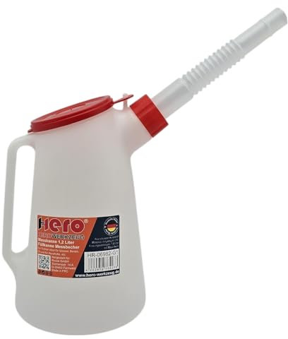 HERO Messkanne Füllkanne 1,2 Liter Messbecher mit flexiblem Ausgussstutzen und Deckel Kanister Einfüllkanne Wasserkanne Messbecher Auto Ölwechsel Öldienst Ölkanne Ausgießer KFZ Werkstatt Kanne