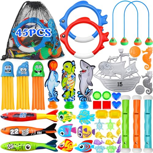 POWLYB 46 Piezas Juguetes de Buceo en Piscina, Juegos Piscina para Nadar Bajo el Agua Conjunto para Niños, Juegos de Agua para Niños, Piscina Juguetes, Incluir Anillos, Palos, Entrenamiento