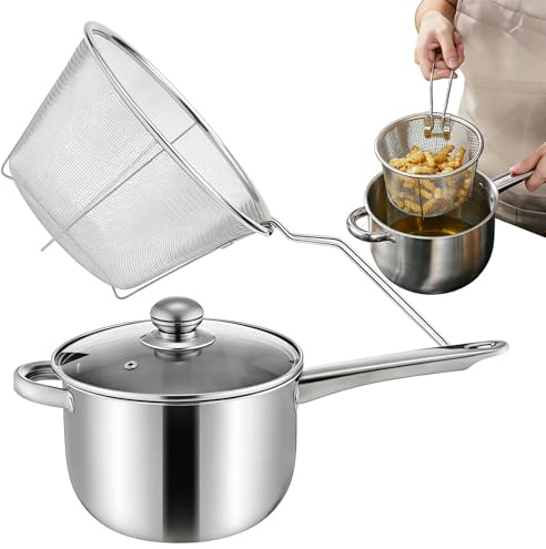 Générique Friteuse - Avec couvercle et panier - En acier inoxydable antiadhésive | Compatible avec plaques à induction, usage domestique, restaurant, camping : frites, poulet,